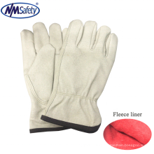 NMSAFETY Pig Grain Leather Lining Safety Working Driver Glove for winter use fleece lining inside